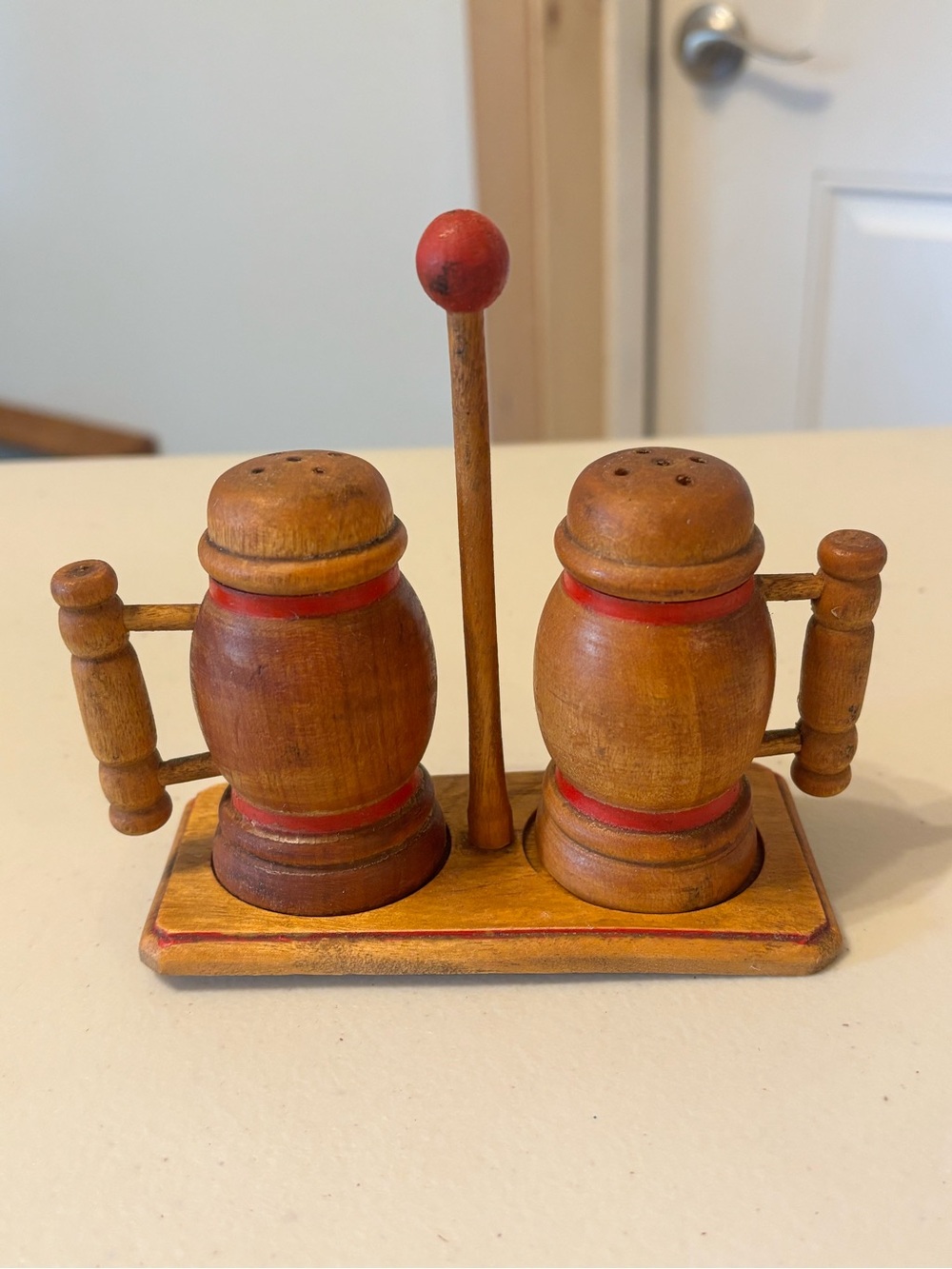 Vintage Wooden Souvenir Salt and Pepper Shaker Set with Handles and Stand